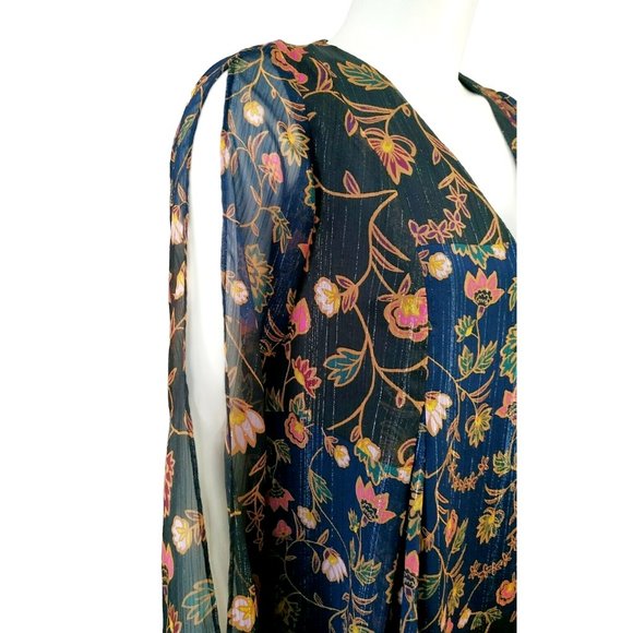 BCBGeneration Floral Dress size Small S Gold Thread, Slit Sleeve, BCBGMaxAzria - Picture 4 of 8